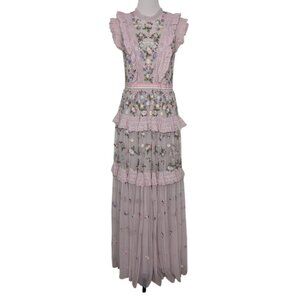 Needle & Thread Prism Ditsy Sleeveless Gown Womens Size 6 Pink Ruffle Maxi Dress